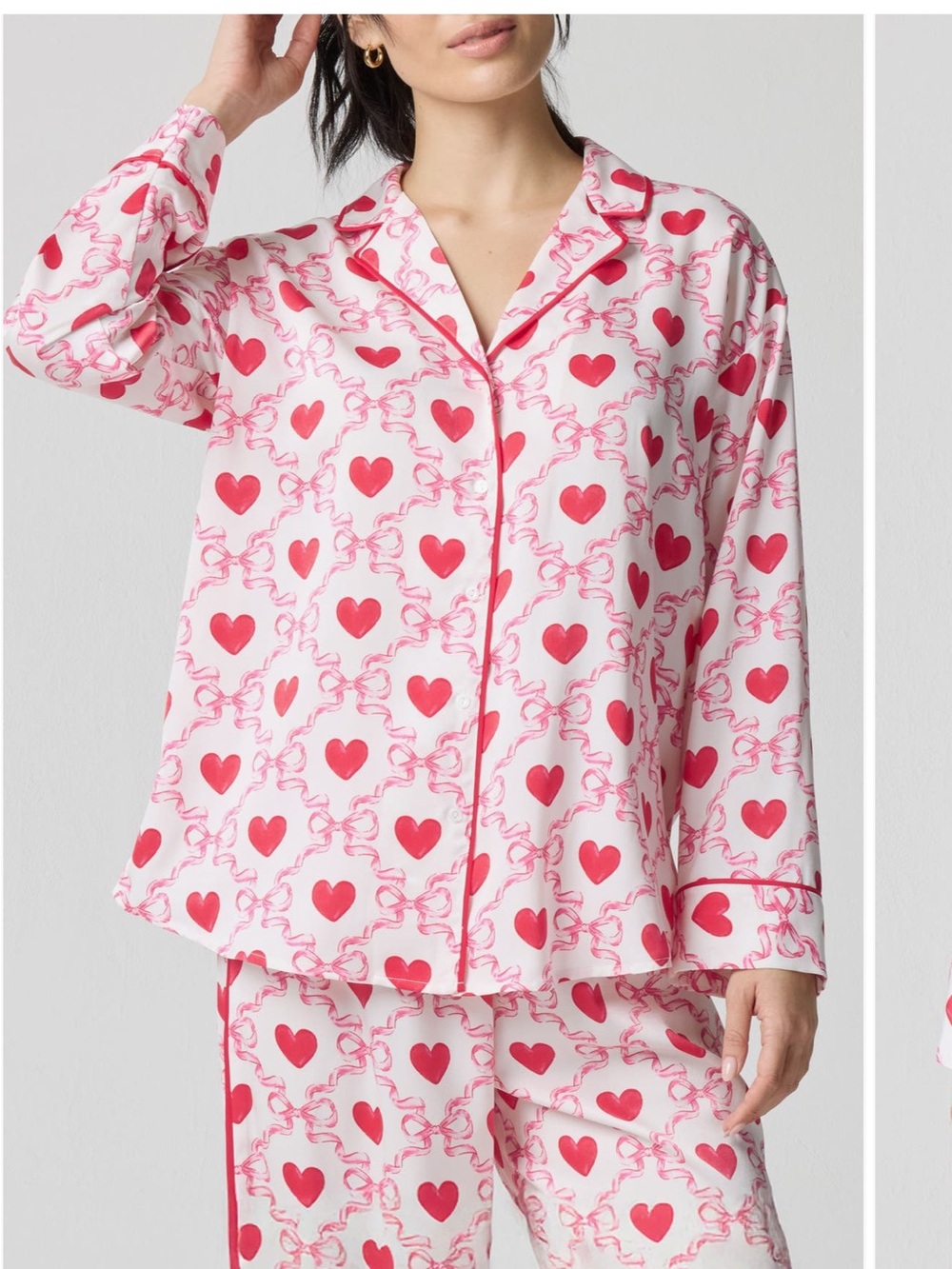 Women’s Pink Heart-Print Pajama Set with Contrast Piping